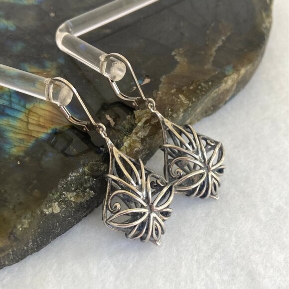 Sterling Silver 925 CFJ Filigree Openwork Scrollwork Leverback Dangle Earrings - Picture 5 of 16